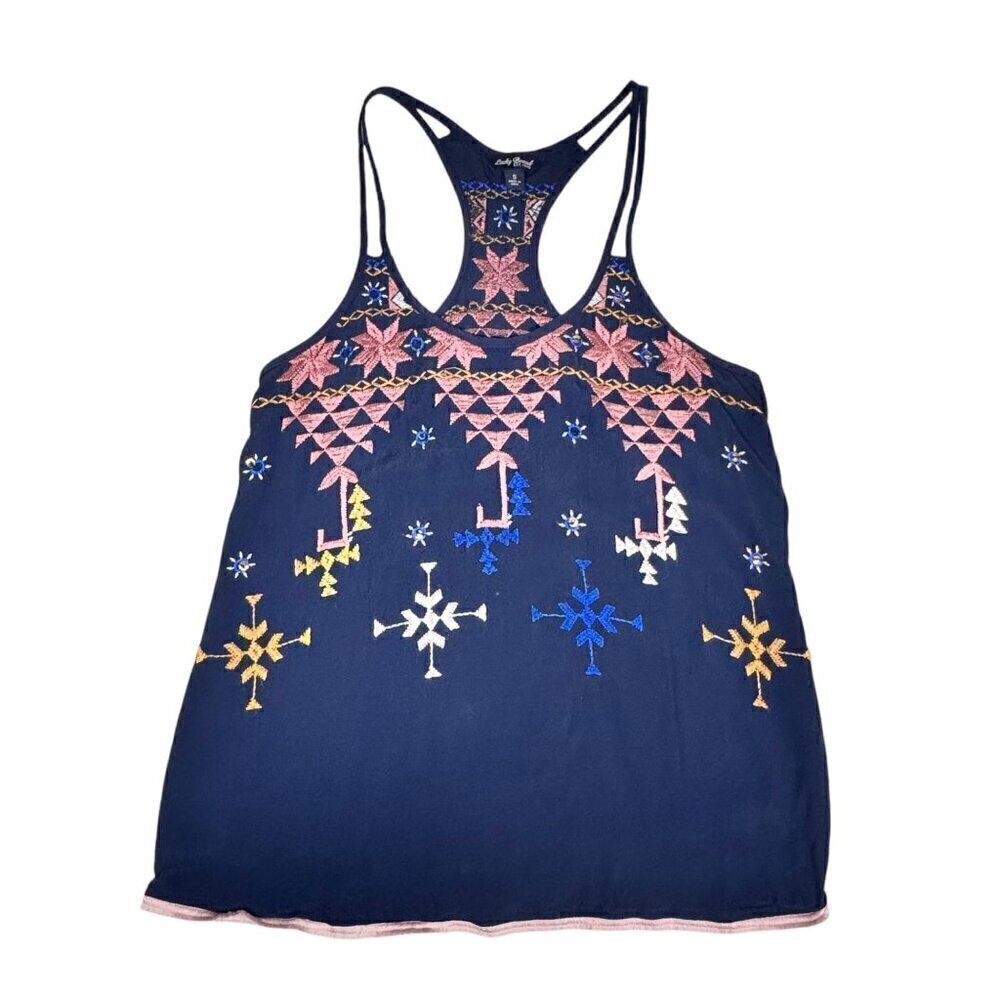 VTG Y2K Lucky Brand Tank Top Sz S Navy Embroidered Cottage Boho Indie